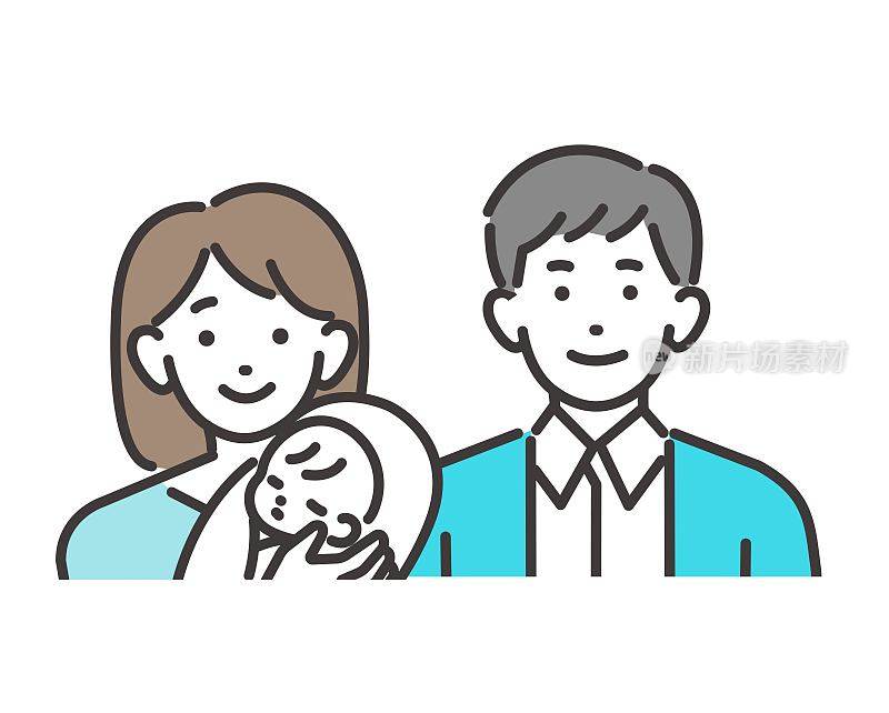 一对年轻夫妇抱着婴儿/育儿/育儿/支持的矢量插图材料